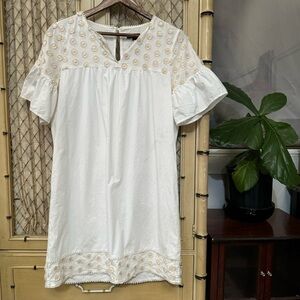 J CREW cotton tunic dress embroidered short sleeve cream tan sz6 medium boho